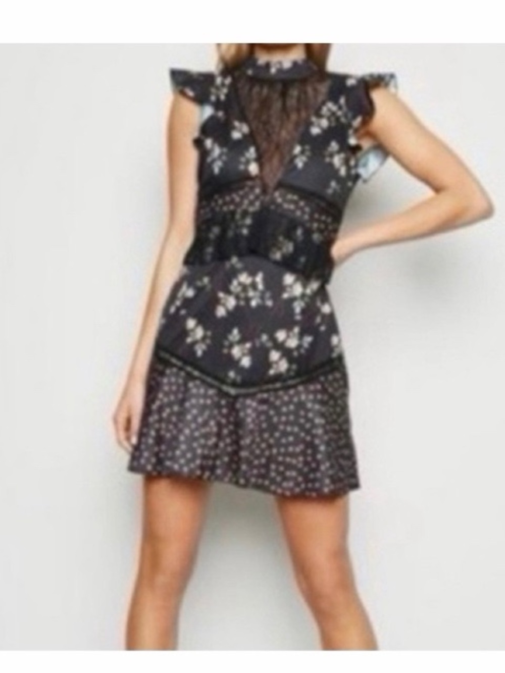 Parisian Lace High Neck Mix Print Mini Dress NWT